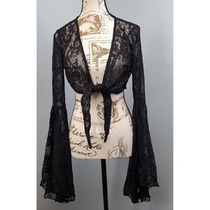 KILLSTAR Crop Top Womens XL Black Fawn Lace Floral Bell Sleeve Gothic Tie Front